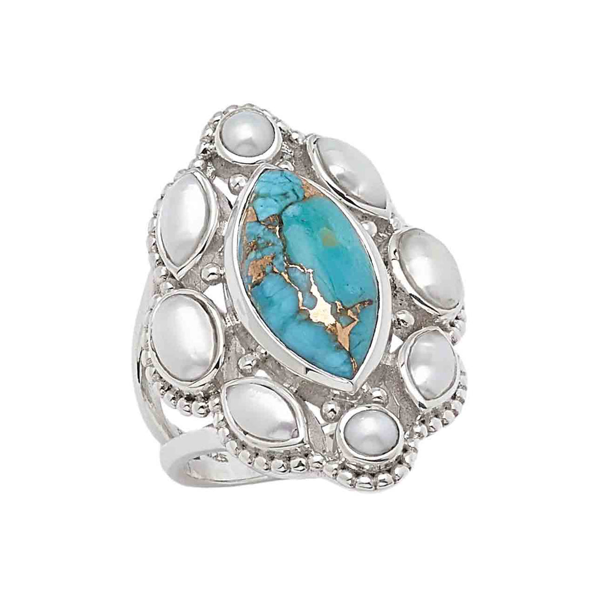 Mohave Turquoise and Freshwater Pearl Marquise Ring