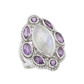 Rainbow Moonstone and Amethyst Marquise Ring