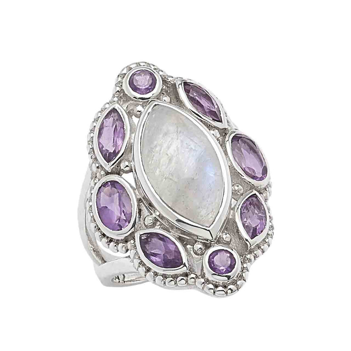 Rainbow Moonstone and Amethyst Marquise Ring
