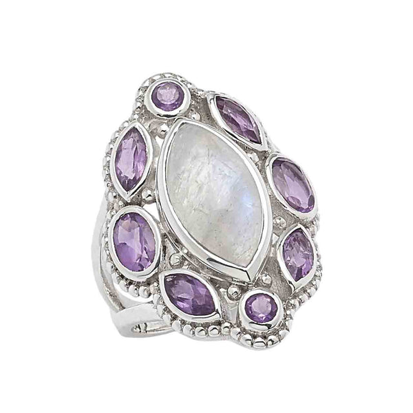 Rainbow Moonstone and Amethyst Marquise Ring