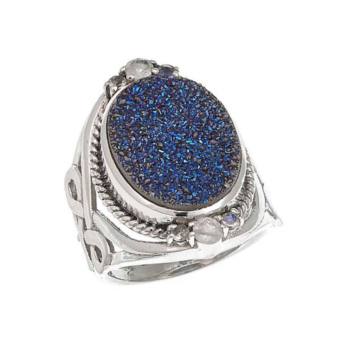 Blue Drusy and Rainbow Moonstone Ring