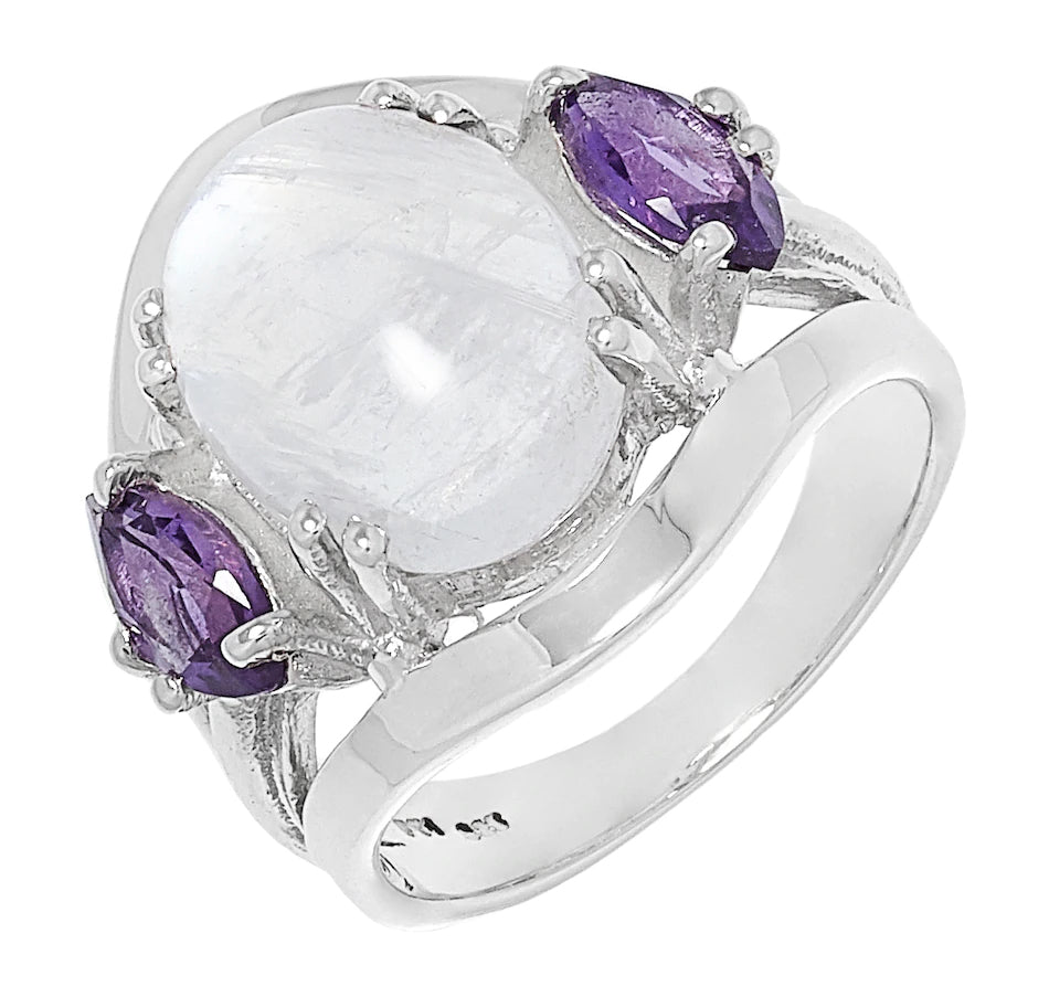 Rainbow Moonstone and Amethyst Ring Himalayan Gems