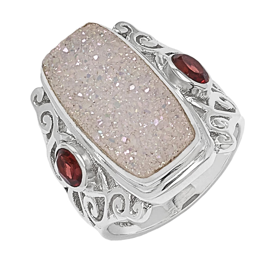 Pearl White Drusy and Garnet Ring
