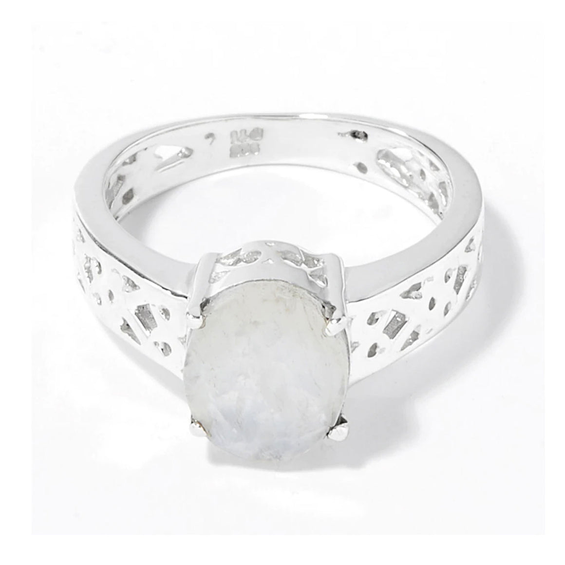 Faceted Oval Rainbow Moonstone Scrollwork Ring