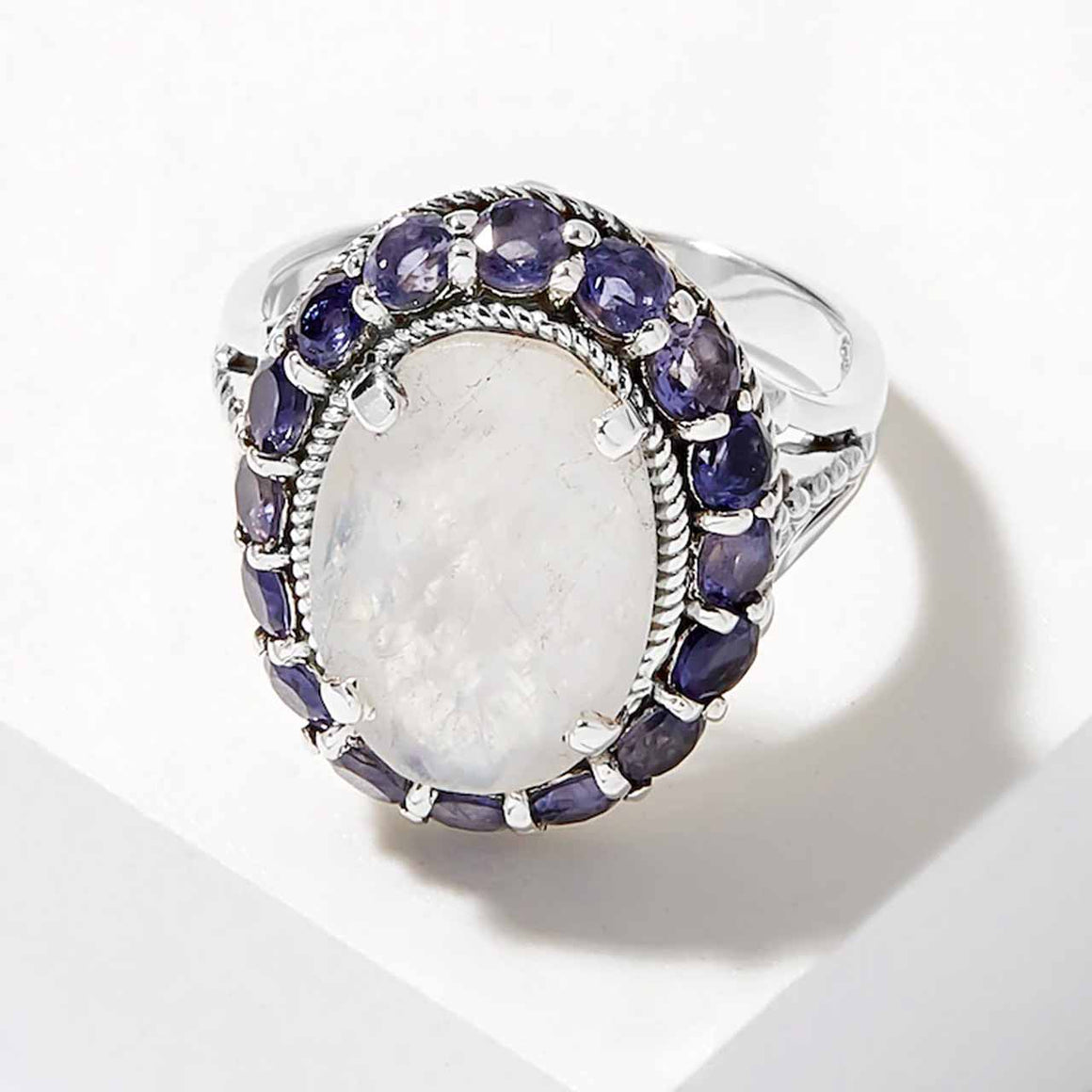 Faceted Rainbow Moonstone & Iolite Cocktail Ring