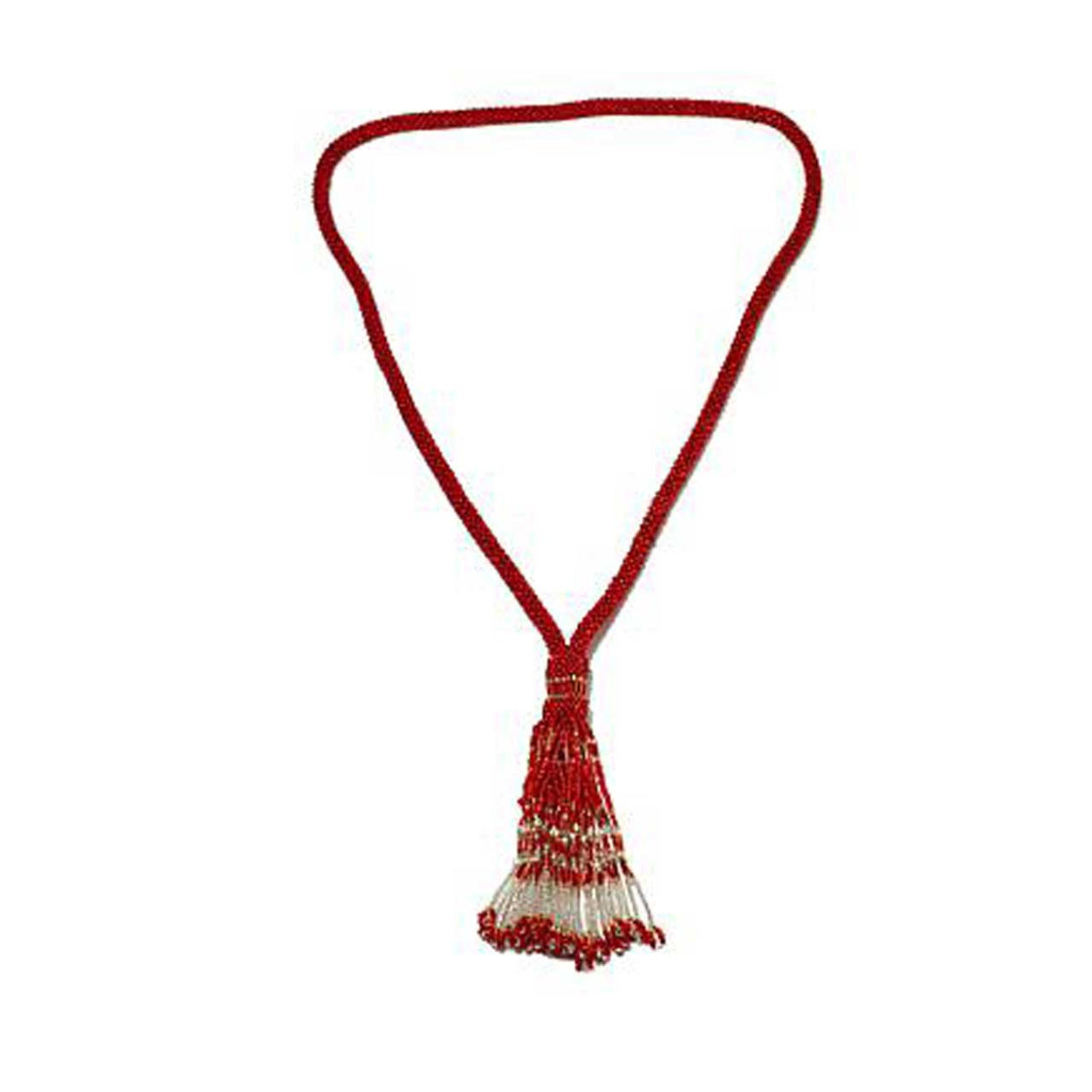 Red Potay Beaded Y-Necklace with Tassell